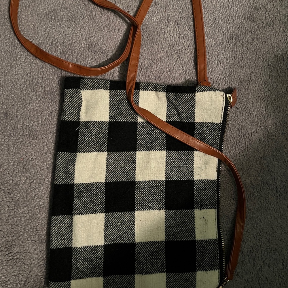 Plaid Crossbody Bag with Tan Strap